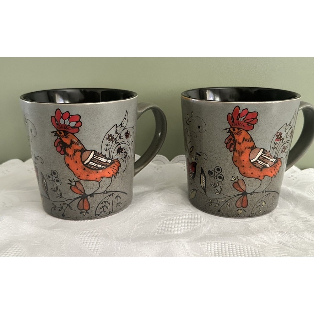 Set Of 2 Great Gatherings Rooster Farmhouse Style Coffee Cups Gray